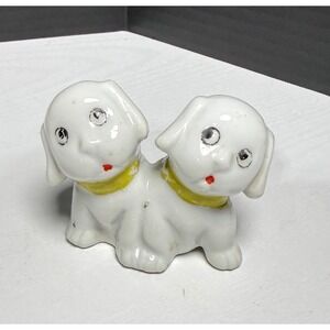 Vintage Ceramic Two Dog Figurine Yellow Collar Japan Kitschy Animal Big Eyes